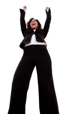 Business woman with arms raised clipart