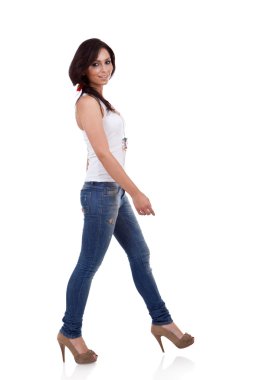 Wearing white shirt and jeans walking clipart