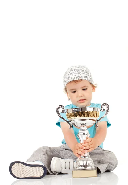 Lilla mästare med sin trophy — Stockfoto
