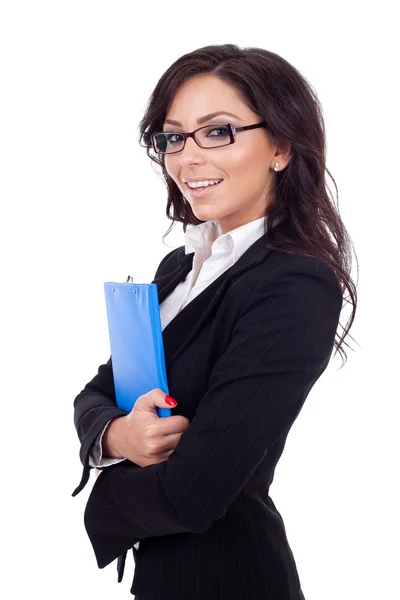 Mujer de negocios segura sosteniendo un portapapeles — Foto de Stock