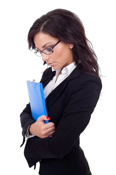 Расстроенная деловая женщина, держащая планшет — стоковое фото
