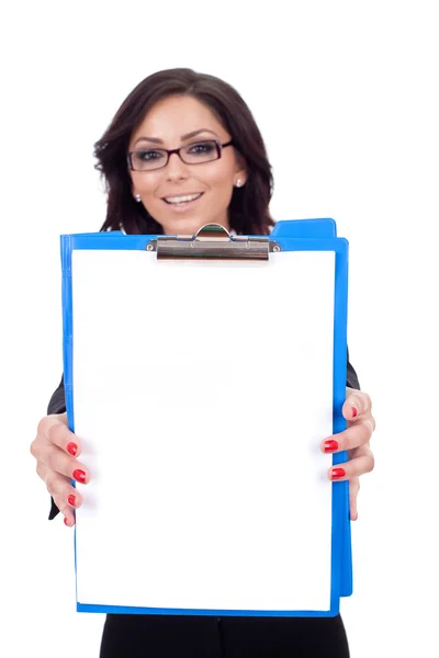 Business woman showing clipboard — Stock Photo, Image