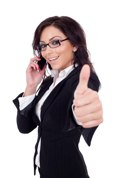 Zakenvrouw met telefoon en duimschroef opwaarts gebaar, — Stockfoto