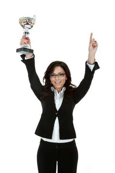 Mulher de negócios mostrando seu troféu — Fotografia de Stock