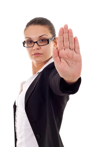 Biznes kobieta co znak stop — Zdjęcie stockowe