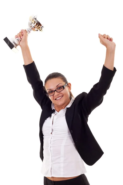 Biznes kobieta zdobywając trofeum — Zdjęcie stockowe