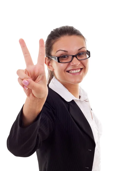 Biznes kobieta wyświetlone znak zwycięstwo — Zdjęcie stockowe