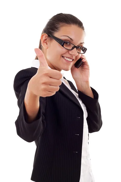 Biznes kobieta z telefonu i kciuki w górę — Zdjęcie stockowe