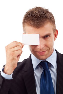 Business man with blank card clipart