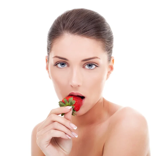 Woman's face with red strawberry — Stock Photo, Image
