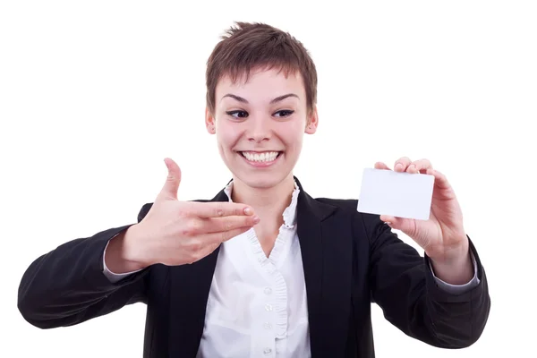 Woman pointing at blank card — Stock Photo, Image