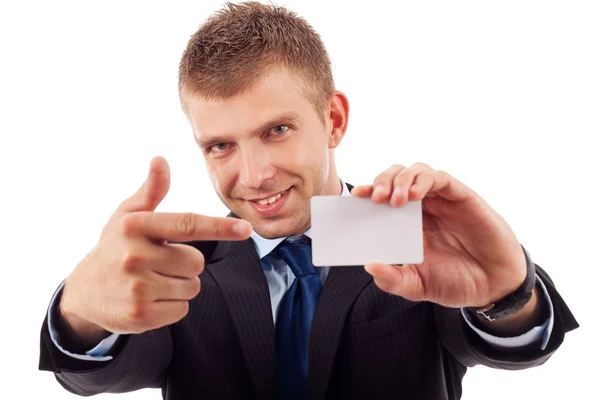 Homem de negócios mostra seu cartão de visita — Fotografia de Stock