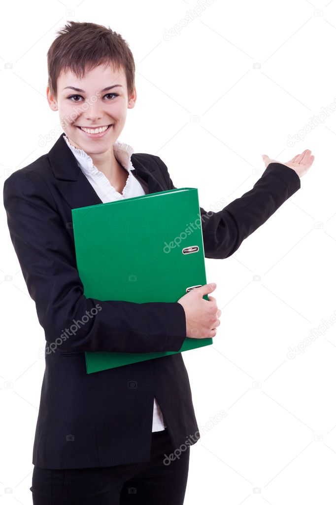 Business woman with folder presenting