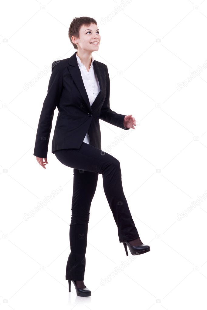 Woman stepping on imaginary step
