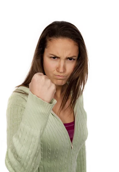 Mujer agresiva sobre fondo blanco — Foto de Stock
