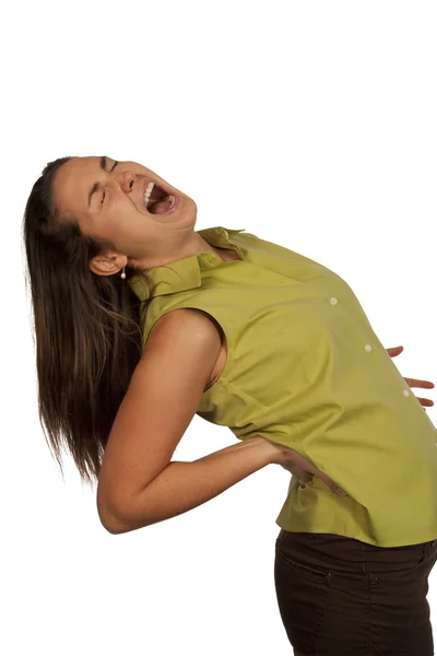 Жінка страждає від болю в спині — стокове фото