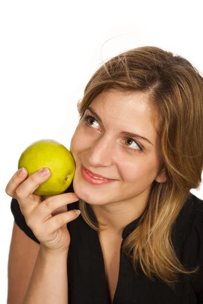 Jonge vrouw met groene vruchten op witte achtergrond — Stockfoto