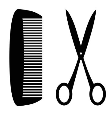 Black silhouette of comb and scissors; white studio background. clipart