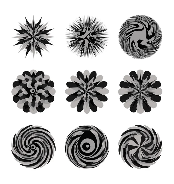Illustrated decorative set of circular floral shapes and swirling designs; — Stock Vector