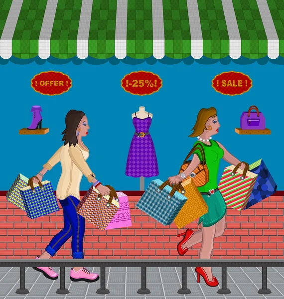 Απεικόνιση δύο γυναίκας ψώνια για τις πωλήσεις σε ρούχα και αξεσουάρ. — Διανυσματικό Αρχείο