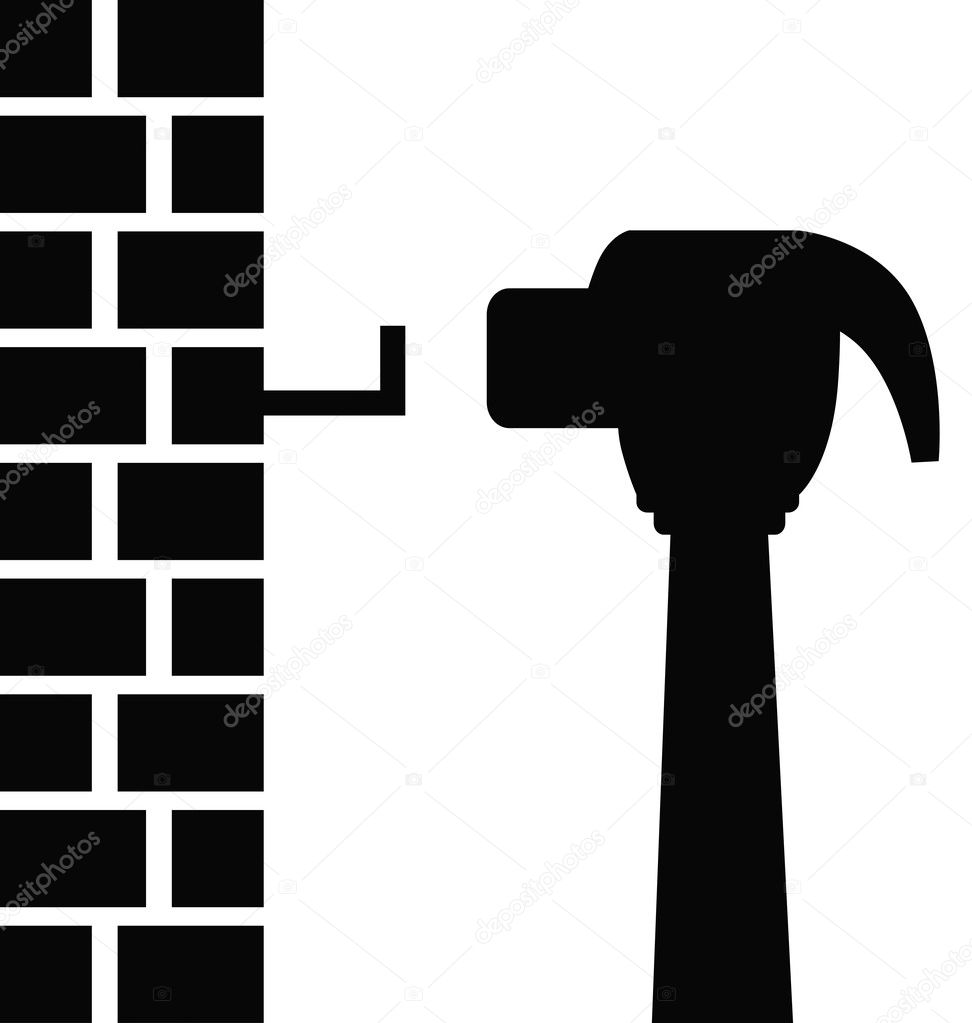 Black and white vector illustration of a hammer hitting a nail.