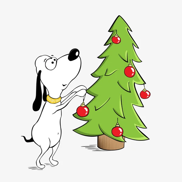 Rolig hund och julgran — Stock vektor
