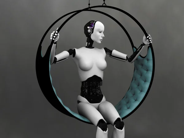 Robot kvinna sitter i futuristiska hängmatta. — Stockfoto