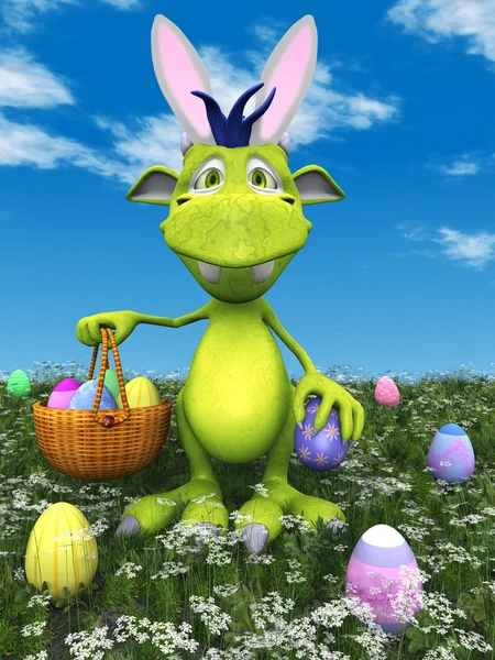 Cute cartoon monster with easter basket. — Stock Photo, Image