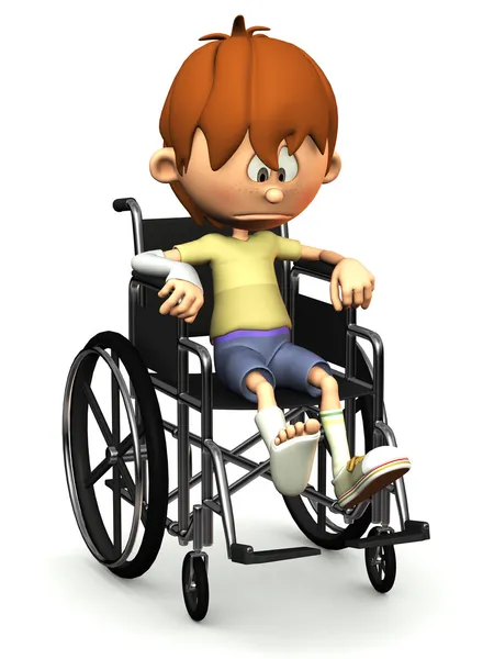 Üzgün çizgi film çocuk tekerlekli sandalyede. — Stok fotoğraf