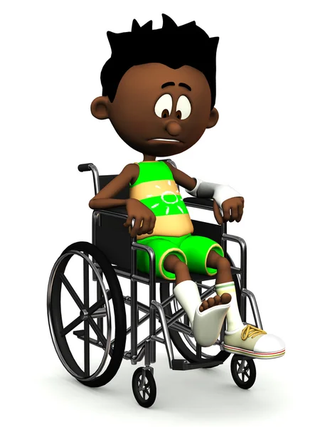 Triste noir dessin animé garçon en fauteuil roulant . — Photo