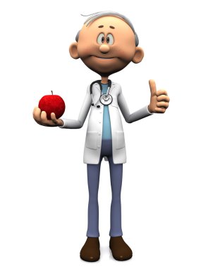 Older cartoon doctor holding an apple. clipart