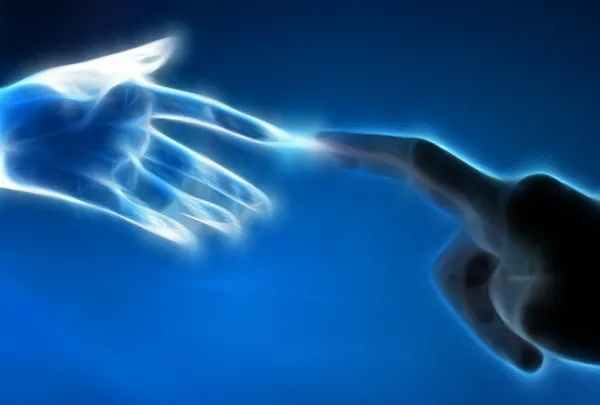 Tocuh mão humana e toque mão artificial — Fotografia de Stock