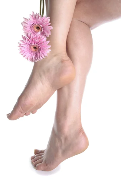 白い背景で隔離の花を持つ女性の足 — ストック写真