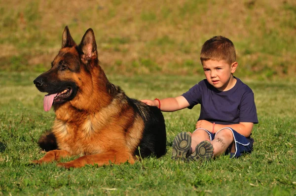 Junge mit einem deutschen Schäferhund — Stockfoto