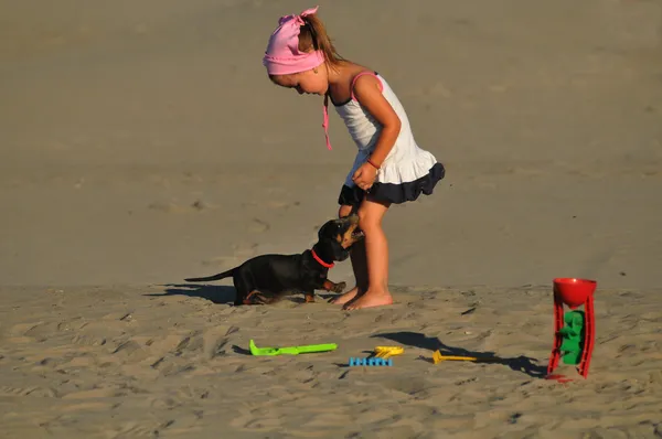 En vacker liten flicka spela och hoppa på stranden med en hund — Stockfoto