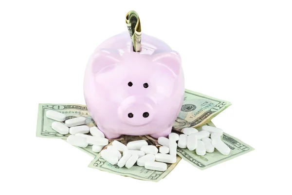 Piggy Bank, Cash and Medicine — Stock Photo, Image
