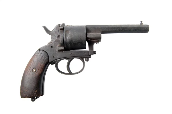Stary pistolet kowboja z drewnianym uchwytem na białym tle na białym tle — Zdjęcie stockowe
