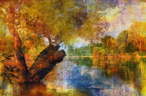 Landscape painting showing old tree