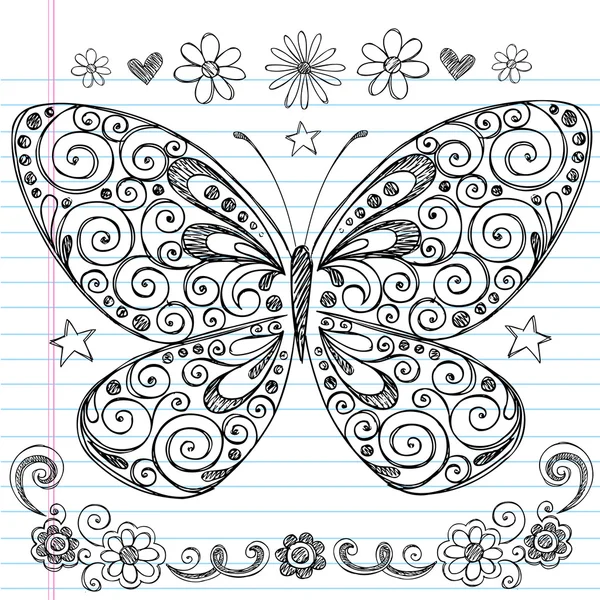 Doodles de cuaderno de mariposas dibujadas a mano — Vector de stock