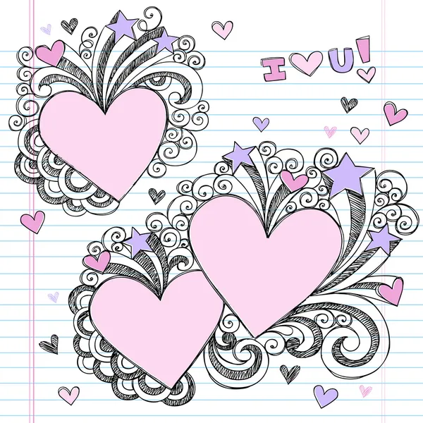 Skissartad alla hjärtans dag kärlek hjärtat Notebook Doodles — Stock vektor