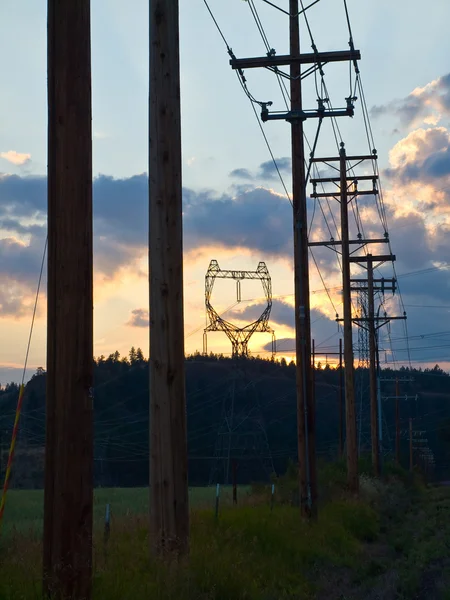 Poteaux électriques en bois et en acier au coucher du soleil dans le pays — Photo