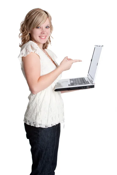 Γυναίκα κρατώντας φορητό υπολογιστή — Φωτογραφία Αρχείου
