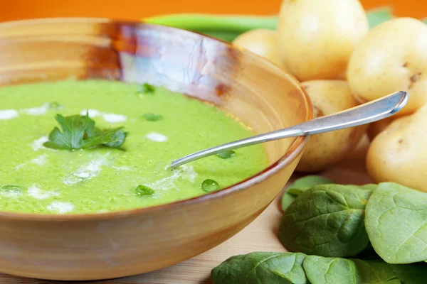 Zuppa fatta in casa di patate e spinaci — Foto Stock