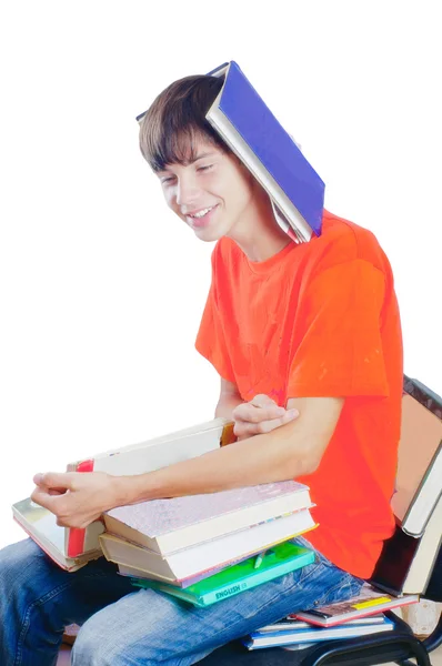 Geïsoleerde jonge gelukkig lachende man met boeken — Stockfoto