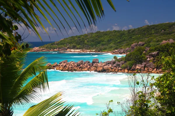 Tropische stranden wit azuurblauwe zien, la digue, Seychellen — Stockfoto