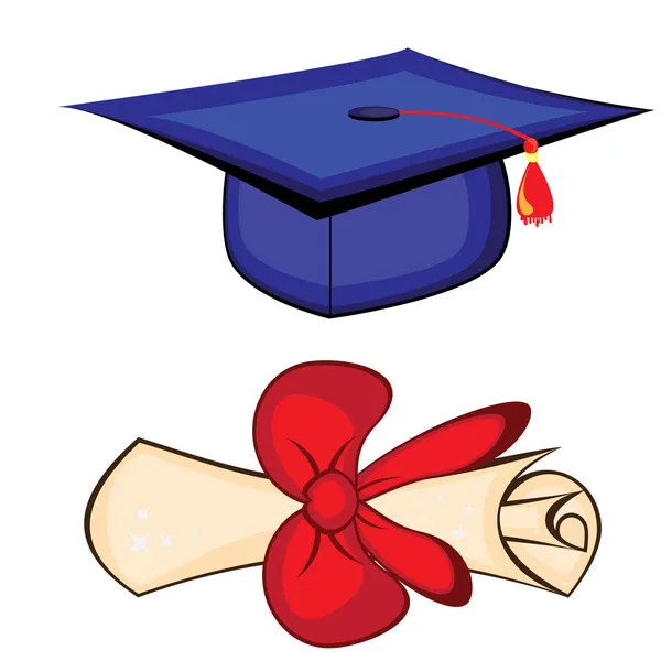 Diploma y gorra de graduación. Ilustración sobre fondo blanco — Vector de stock