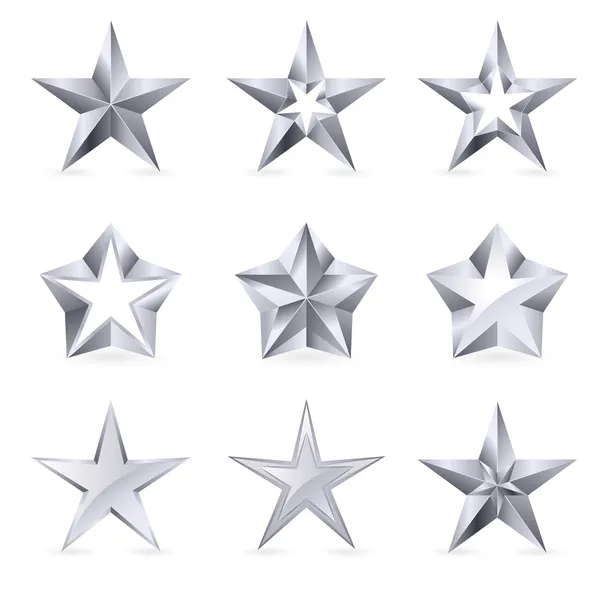 Different types and forms of silver stars — Stock Vector