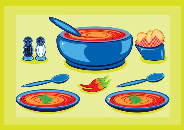 大炒菜锅和一个盘子汤 — 图库矢量图片