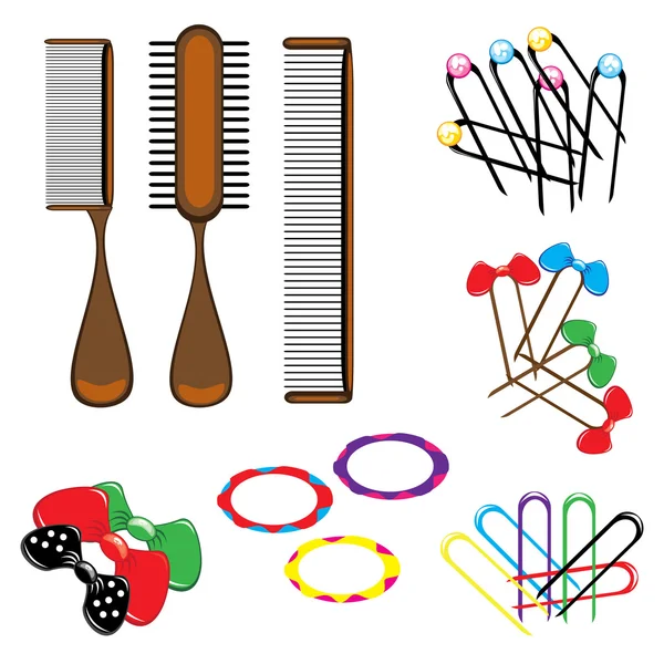 Three types of combs and a variety of beautiful hair accessories — Stock Vector