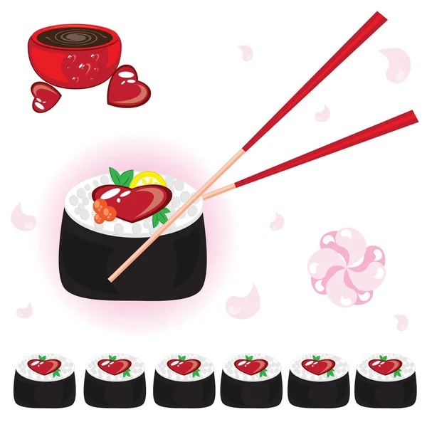 Японські рулети з соусом і палички для їжі — стоковий вектор